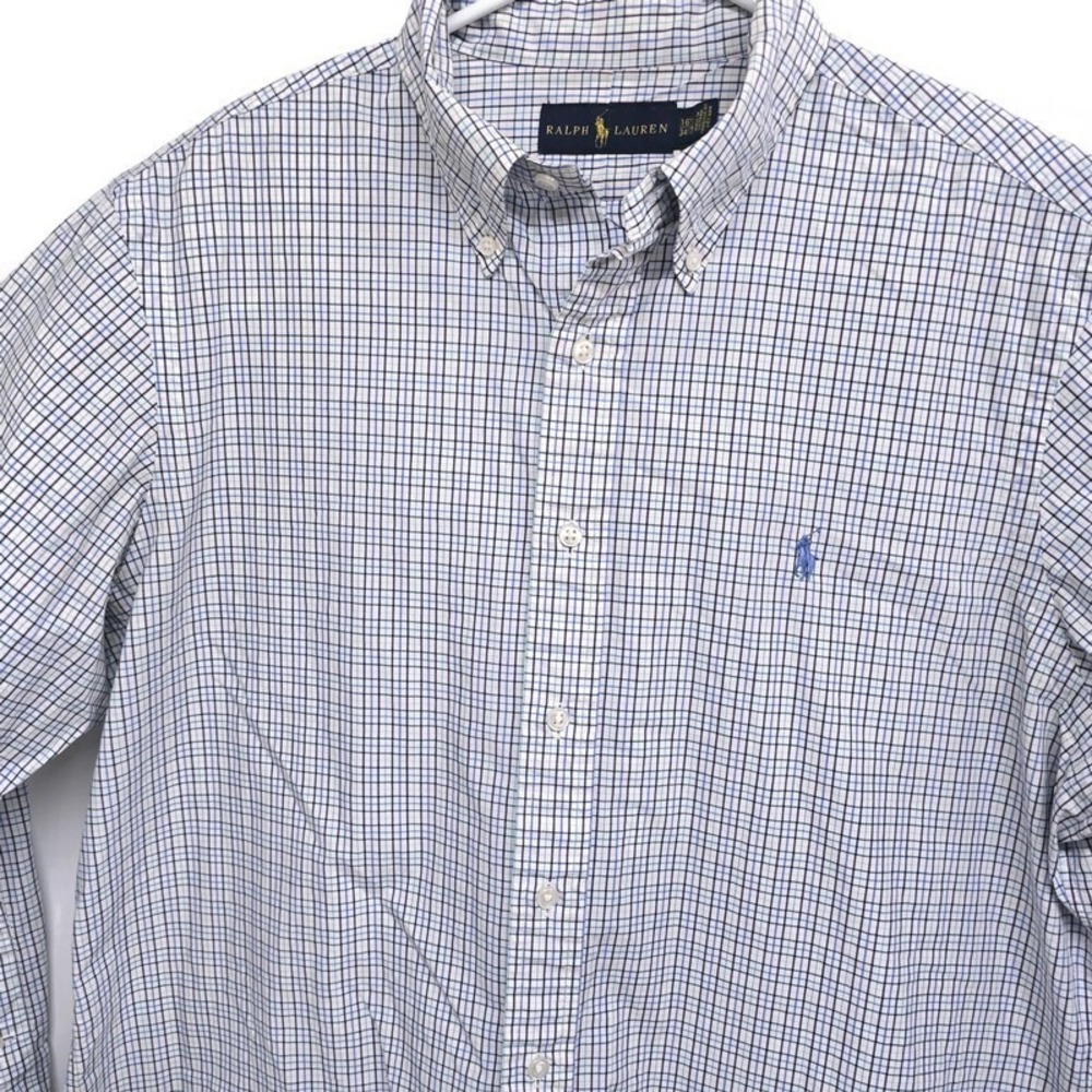 Ralph Lauren Mens Blue White Tattersall Check Button Down Shirt 16.5 34/35